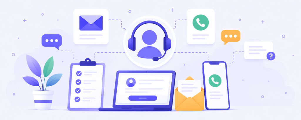 Contact KorpKit support illustration with email, phone, chat, headset, laptop, and message icons
